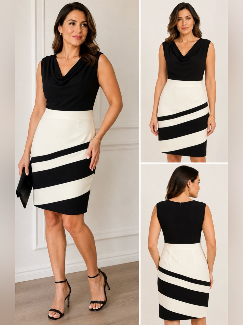 Studio One New York Black Ivory Colorblock Cowl Neck Dress Size 14
